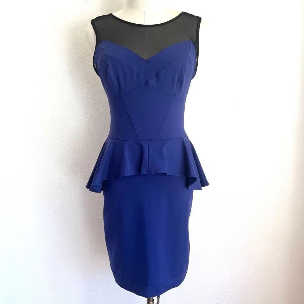 Bebe Blue Stretchy Bodycon Dress with Peplum and Mesh Size Medium